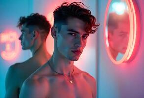 A man with a shirtless body is standing in front of a mirror photo