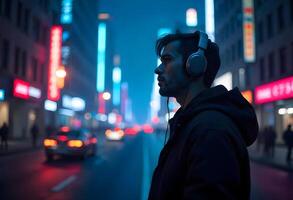 A man wearing headphones in the middle of a city street photo