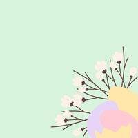 Blossom sprigs, colorful Easter Eggs and cracked eggshell Corner festive composition idea Copy space. Isolate illustration Thematic cards, posting, blogging or web promo leaflets, banner, label vector