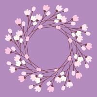 Blooming sprig Circle Frame border in trendy shades Spring Copy space template on lavender backdrop. Isolate illustration Thematic cards, posting, blog or web promo leaflet, banner, tag, label vector