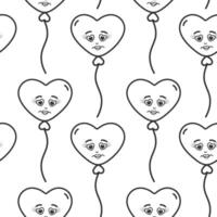 Outline Heart shaped balloons on rope with drawn smiley Black and white Seamless Pattern Background. Isolated illustration Valentine or Black Day greeting card, posting or web promo background vector