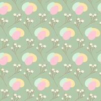 Easter Eggs and blossom twigs Seamless Pattern in trendy soft shades. Easter Festive background idea. Isolated illustration Wallpaper, wrapping or web promo banner, Thematic card, posting, blog vector