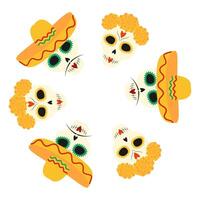 Painted Skulls in sombrero with mustache and marigolds wreath Circle Frame Day of the dead template. Isolated illustration Thematic greeting or invitation cards or web promo leaflets, banner vector