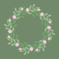 Blossom twigs and spring leaves Circle Frame border on trendy soft green shades. Copy space Template. Isolated illustration Thematic cards, posting, blogging or web promo banner, leaflet, label vector