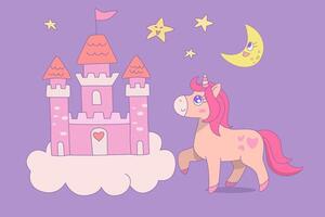 Cute unicorn with castle and stars, Cartoon fantasy style, Unicorn hand drawn doodles, design illustration. vector