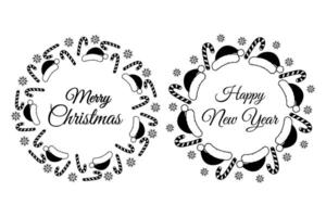 Santa caps, Candy Cane and snowflakes Circle Frame with Merry Christmas and Happy New Year lettering. Set 2 Isolated illustration Thematic cards, Greetings or invitations, leaflets or web promo vector