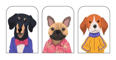 Set of cute dogs wearing clothes on white background, Cute and friendly pet in hand drawn style, with Dachshund, French bulldog, Beagle. design illustration. vector