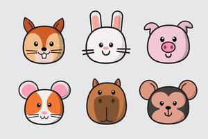 Set of cute animal head, Cartoon animal face collection, Cute and friendly wild animals in line drawing style, with squirrel, rabbit, pig, hamster, capybara, monkey. design illustration. vector