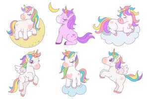 Cute collection of unicorn variety of poses and pony collection with magic items, Cartoon fantasy style, Unicorn hand drawn doodles, design illustration. vector
