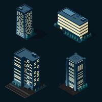 Set of isometric city building at night. Isometric modern building. Skyscraper building or business office. illustration vector