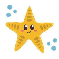 Cute cartoon happy sea star in flat style. Funny wild ocean animal isolated on white background. vector