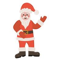 Cute cartoon happy Santa Claus waving or pointing on something in flat style. Merry Christmas character or symbol. vector