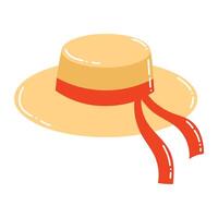 Cute cartoon straw hat with ribbon in flat style. Summer female hat isolated on white background. vector