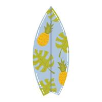 Cute cartoon surfing board with pineapple and Monstera leaves pattern in flat style. Surfing tool isolated on white background. vector