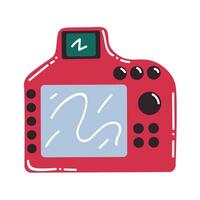 Cute red cartoon modern photo camera in flat style, front view. Photo equipment isolated on white background. vector