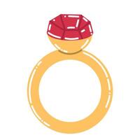Cute cartoon golden ring with ruby gemstone in flat style. Engagement ring. vector