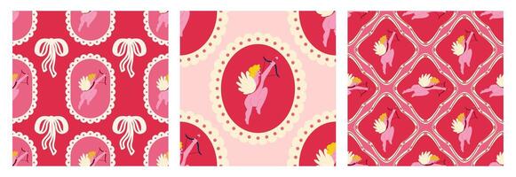 A set of patterns with a cupid in a retro style. Romantic vintage seamless patterns with cupid. vector