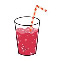 Cute cartoon refreshing drink with a straw in flat style. Berry juice in the glass isolated on white background. vector