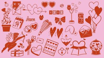 Romantic elements of Valentine's day in retro style. Outline illustration. vector