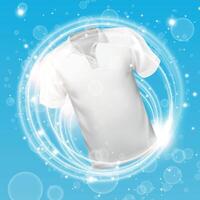 White polo tshirt washing in water with soap bubble and Providing whiteness and deep clean. vector