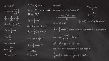 Set of essential math and physics formulas isolated on school blackboard. Key concept in math, physics, mechanics, thermodynamics, and electricity vector
