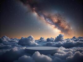 A white platform in the sky with clouds and stars photo