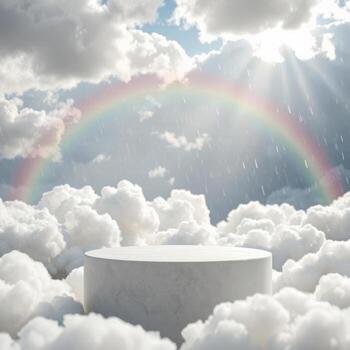 Clouds and rainbow over a white pedestal in the sky photo