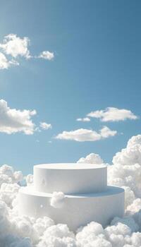White pedestal in the sky with clouds and sun photo