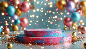A cake with balloons and confetti on a blue background photo