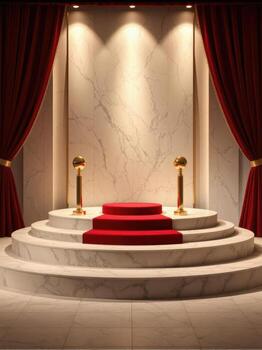 A stage with red curtains and gold pillars photo