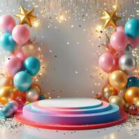 A stage with balloons and confetti photo