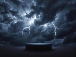 An empty podium with lightning and clouds in the background photo