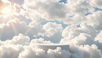 Clouds and rainbow over the sky with a white platform photo