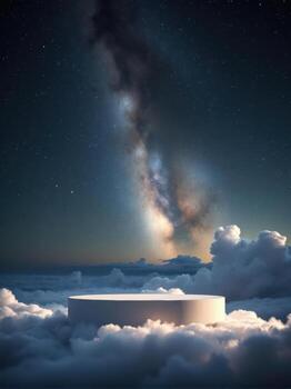 A white circular platform in the sky with clouds and stars photo