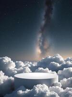 A white platform in the sky with clouds and stars photo