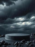 An empty stage with a stormy sky and rain photo