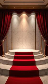 An empty stage with red carpet and red curtains photo