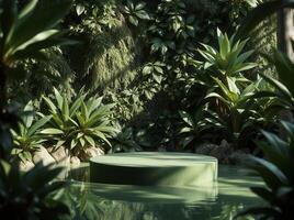 A green circular pool surrounded by plants photo