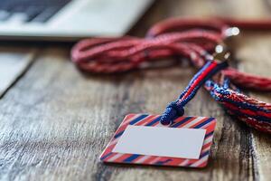 Blank name tag with colorful lanyard lying on wooden table near a laptop, ideal for events, conferences, or meetings in a modern workspace photo