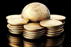 Golden globe rests on stacks of coins. photo