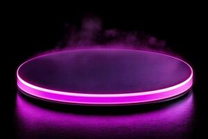 Illuminated circular platform with purple neon light and smoky effect on black background. photo