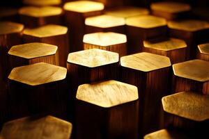 Golden hexagonal wooden blocks pattern. photo