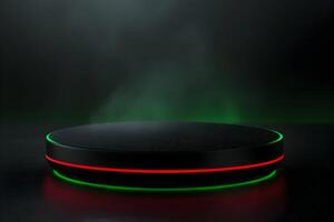 Illuminated circular platform with red and green neon lights, dark background. photo