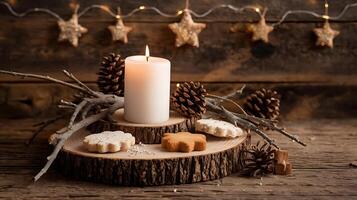 Rustic Christmas Candlelight Scene Pine Cones, Cookies, and Stars. photo