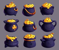Leprechaun pots of gold coins, game asset, UI vector