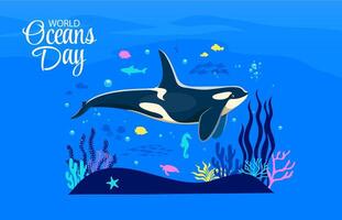 World ocean day banner with killer whale character vector