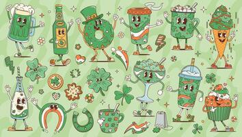 St Patrick day characters, groovy pastry and drink vector