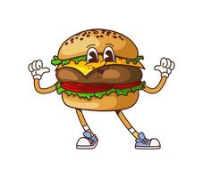 Retro groovy fast food cheeseburger character vector