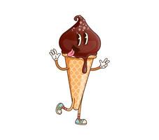 Groovy ice cream cone character with chocolate vector