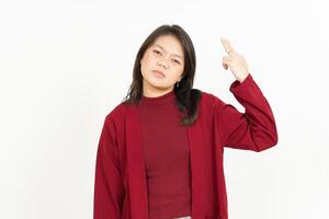 Makes Suicide Gesture Of Beautiful Asian Woman Isolated On White Background photo
